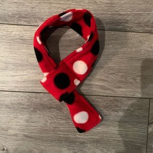 Great choice, fleece red with white, and black polkadots, dog scarf